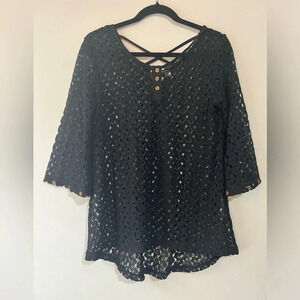 Simply Noelle size small black crocheted top cover up swimsuit cover boho mesh